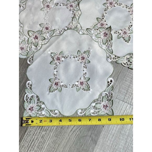 Set Of 4 Embroidered Doilies Pink Green Floral Lattice 9” Square NEW - Picture 10 of 10